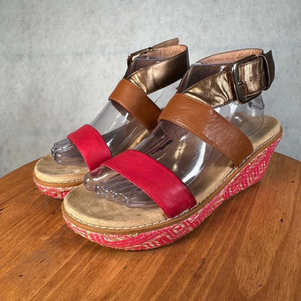 Vionic Cancun Wedge Sandals Women 8 Red Tan Bronze Excellent Orthaheel Platform
